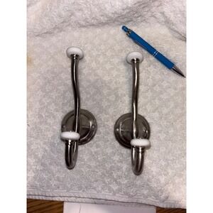 2 Vintage Style Brushed Nickel Double Robe Hooks with White Ceramic Accents